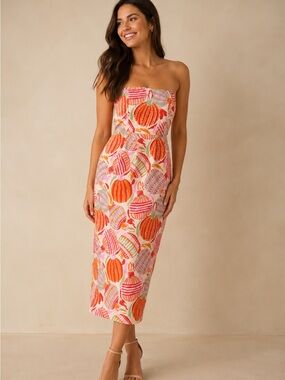 Prosperina Lisette Pink Multi Ornament Print Strapless Midi Dress Women’s Large